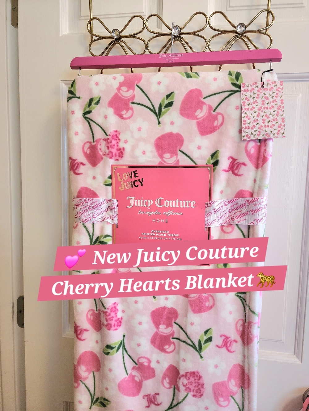 Juicy Couture Pink Cherry Heart Pink Blanket Throw New Y2k Coquette Floral